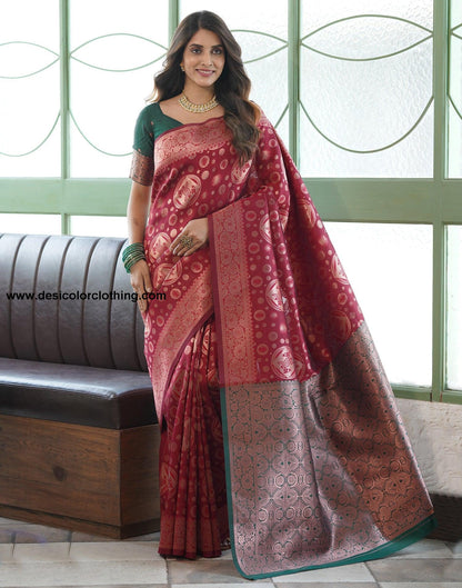 Dark Red Banarasi Silk Saree