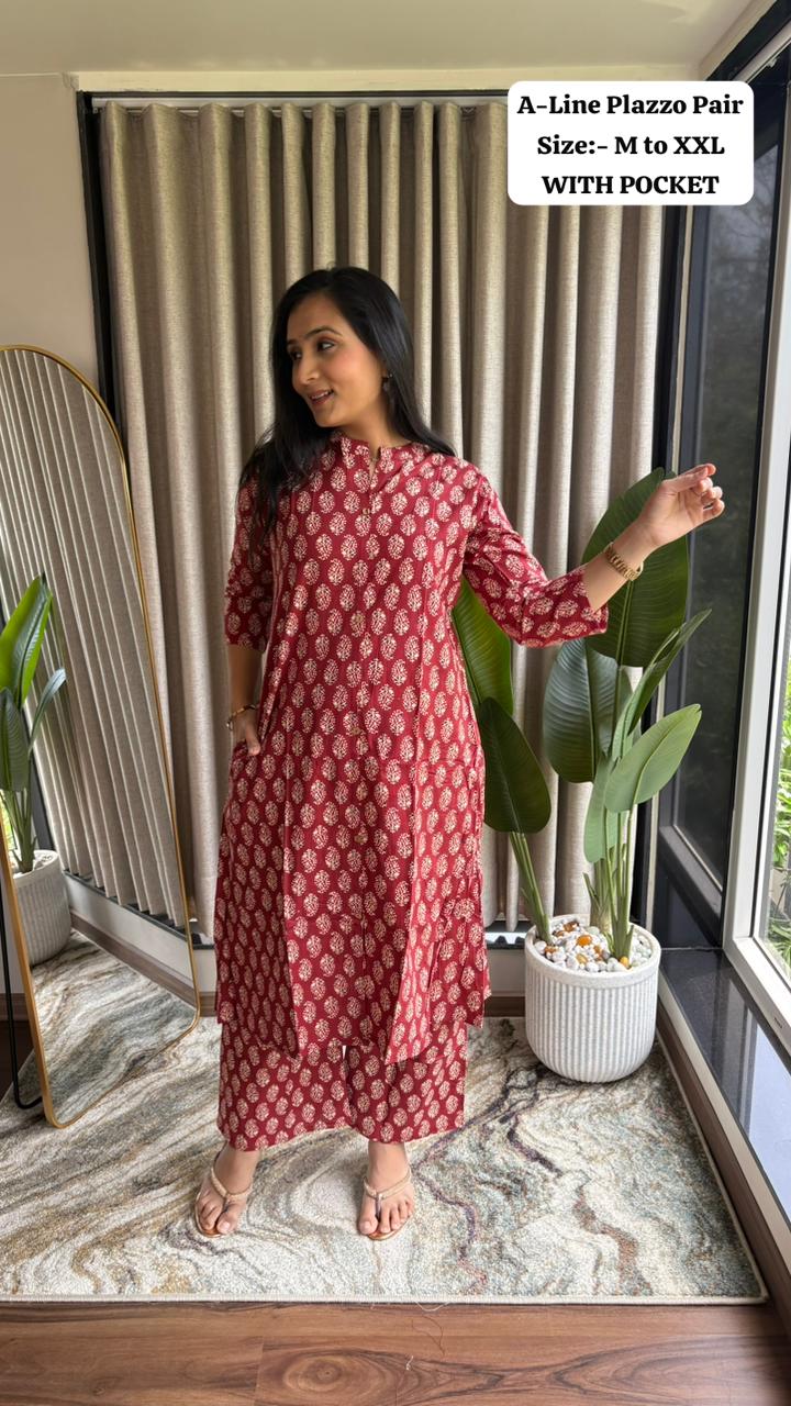 Product Image - Ajrakh Print Cotton Kurti Plazzo Set