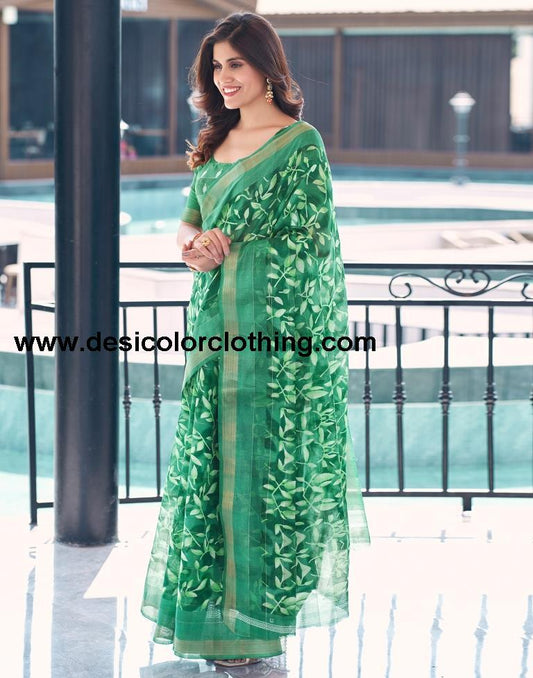 Sea Green Cotton Printed Saree