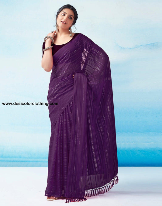 Dark Purple Georgette Plain Saree