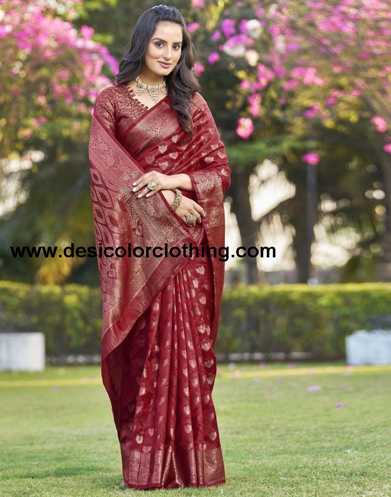 Red Organza Plain Saree