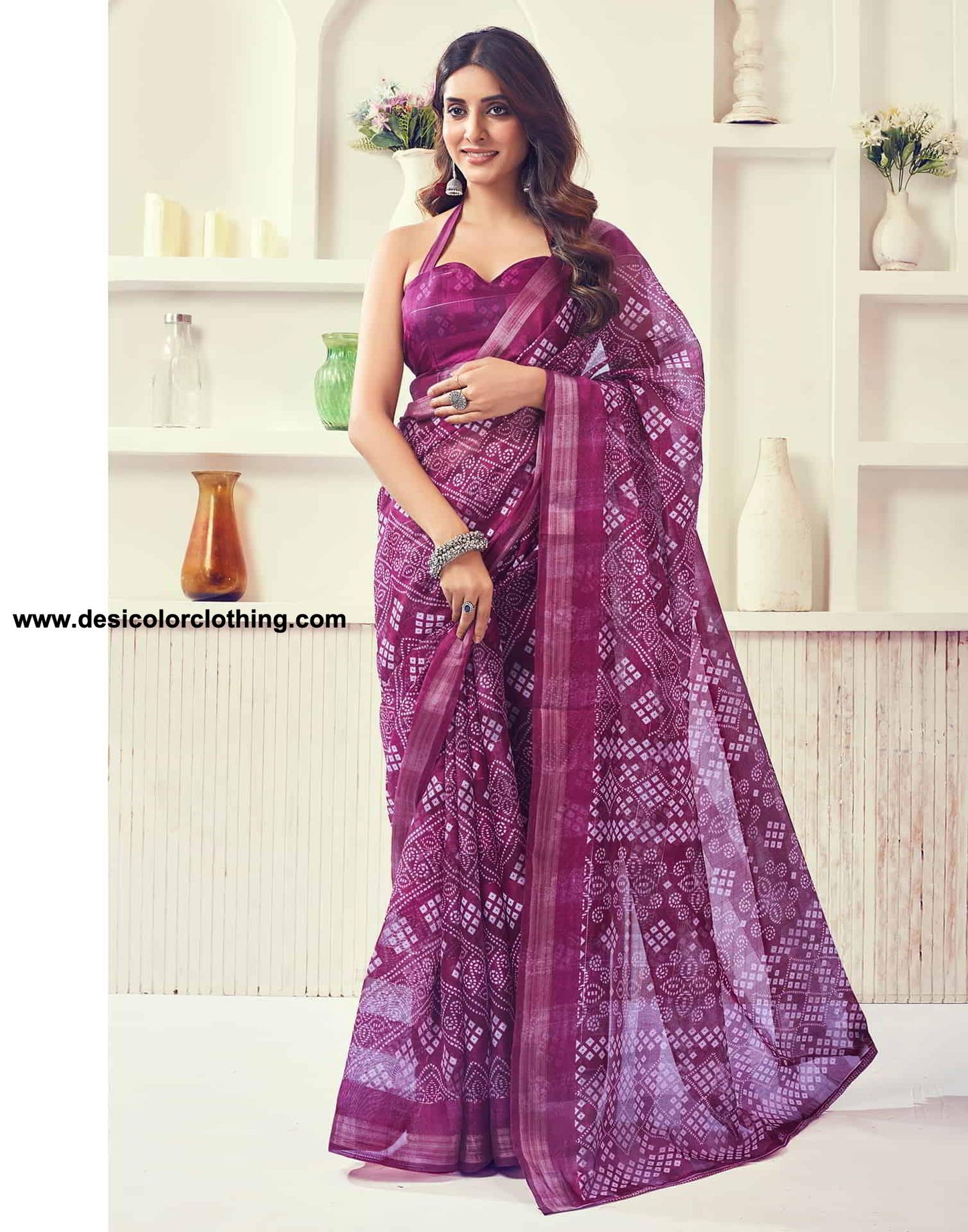 Wine Printed Cotton Bandhani Saree