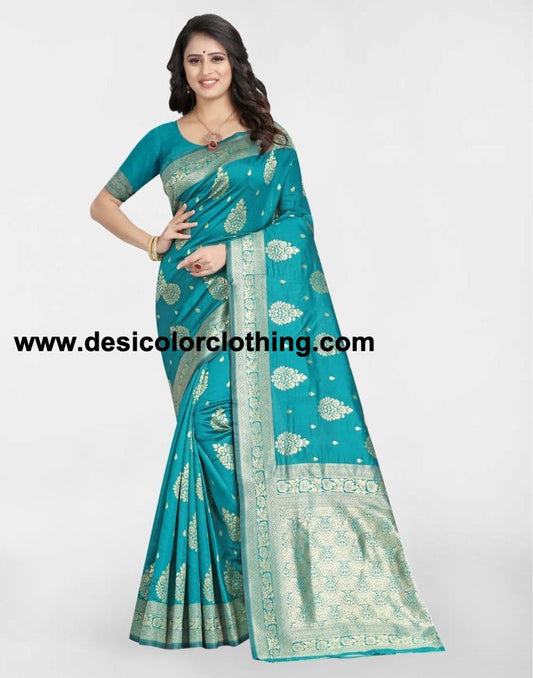 Turquoise Jacquard Banarasi Silk Saree