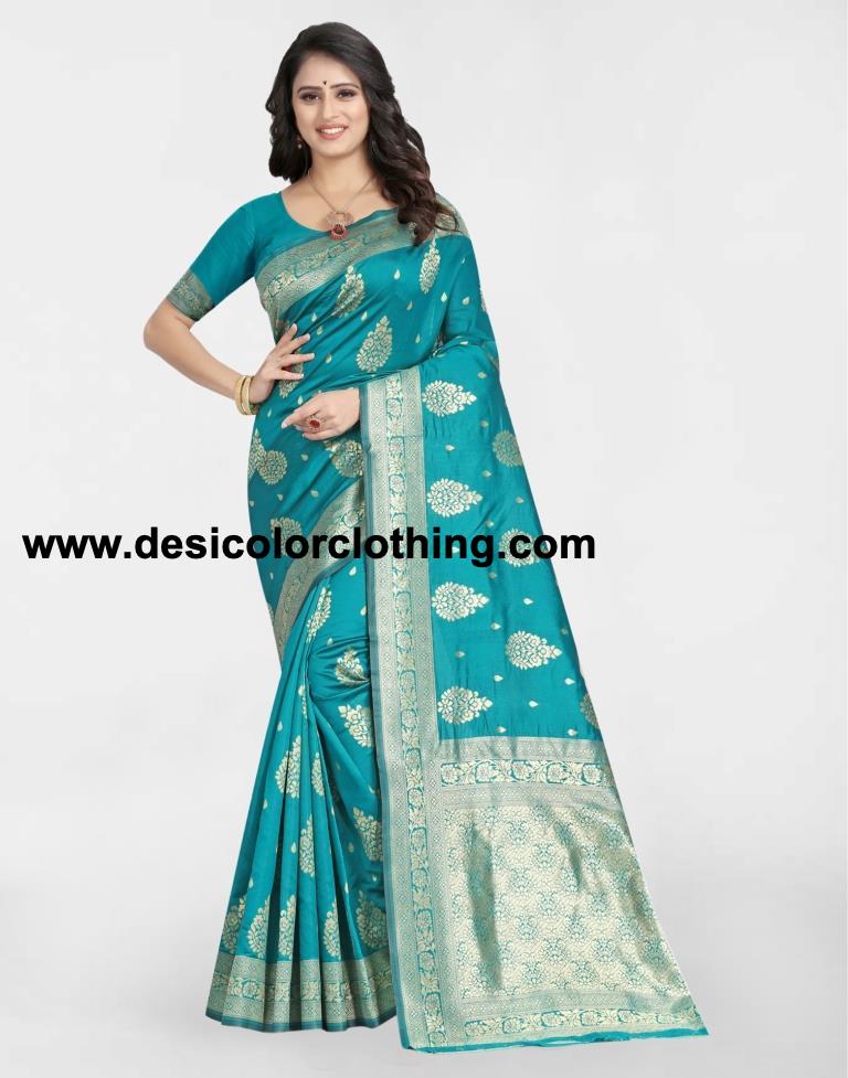 Turquoise Jacquard Banarasi Silk Saree