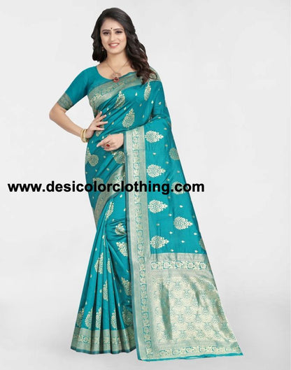 Turquoise Jacquard Banarasi Silk Saree