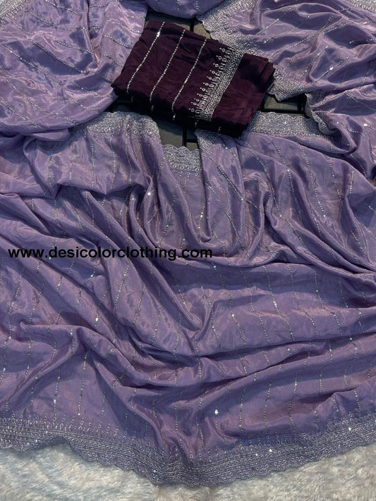 Pure soft Chinon silk sarees with amazing 3 mm C Pallu sequence work with Cut  work border*