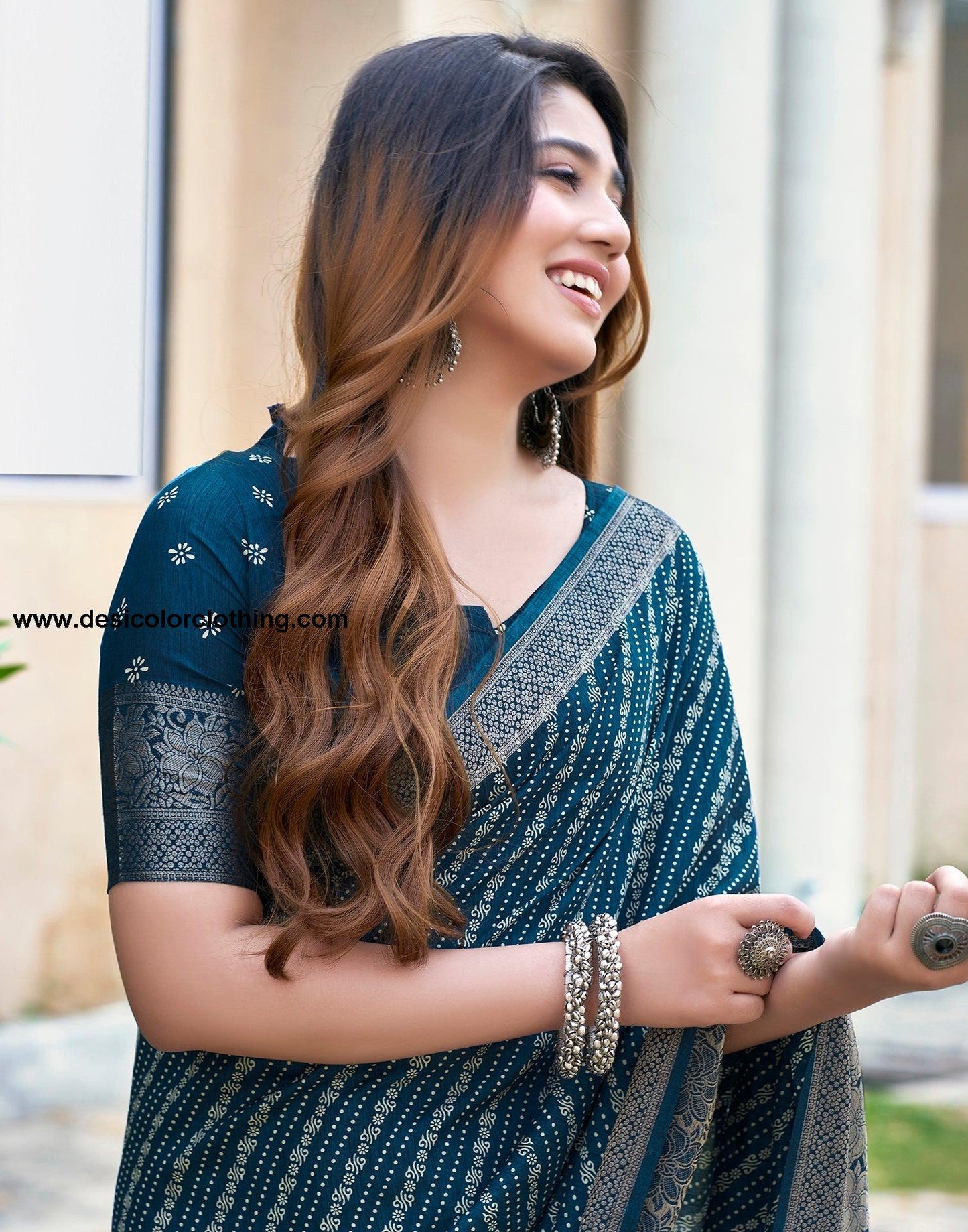 Sea Blue Silk Printed Saree