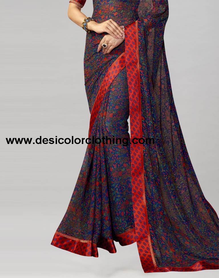 Dark Blue Coloured Printed Georgette Saree | SLV1496S9004