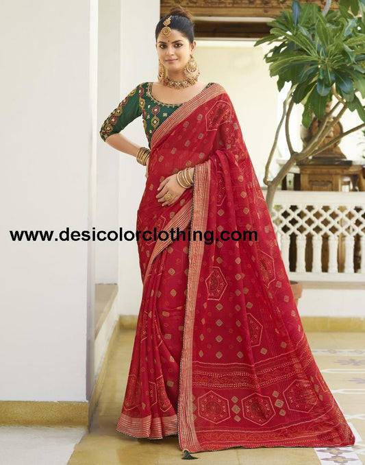 Red Chiffon Bandhani Saree