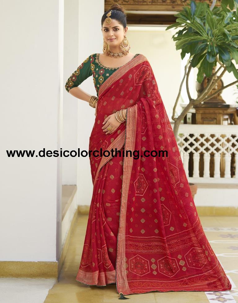 Red Chiffon Bandhani Saree