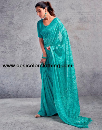 Turquoise Chiffon Printed  Saree