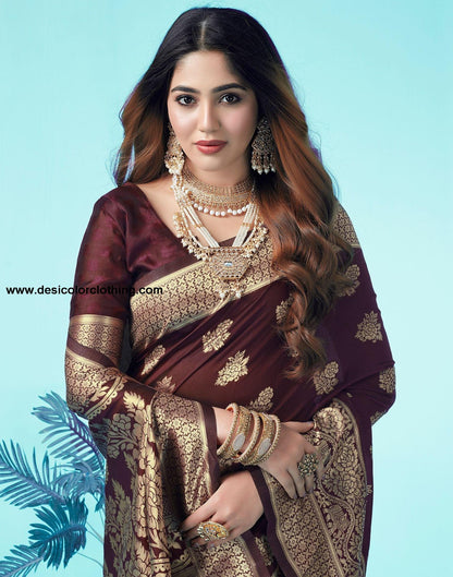 Brown Jacquard Silk Saree