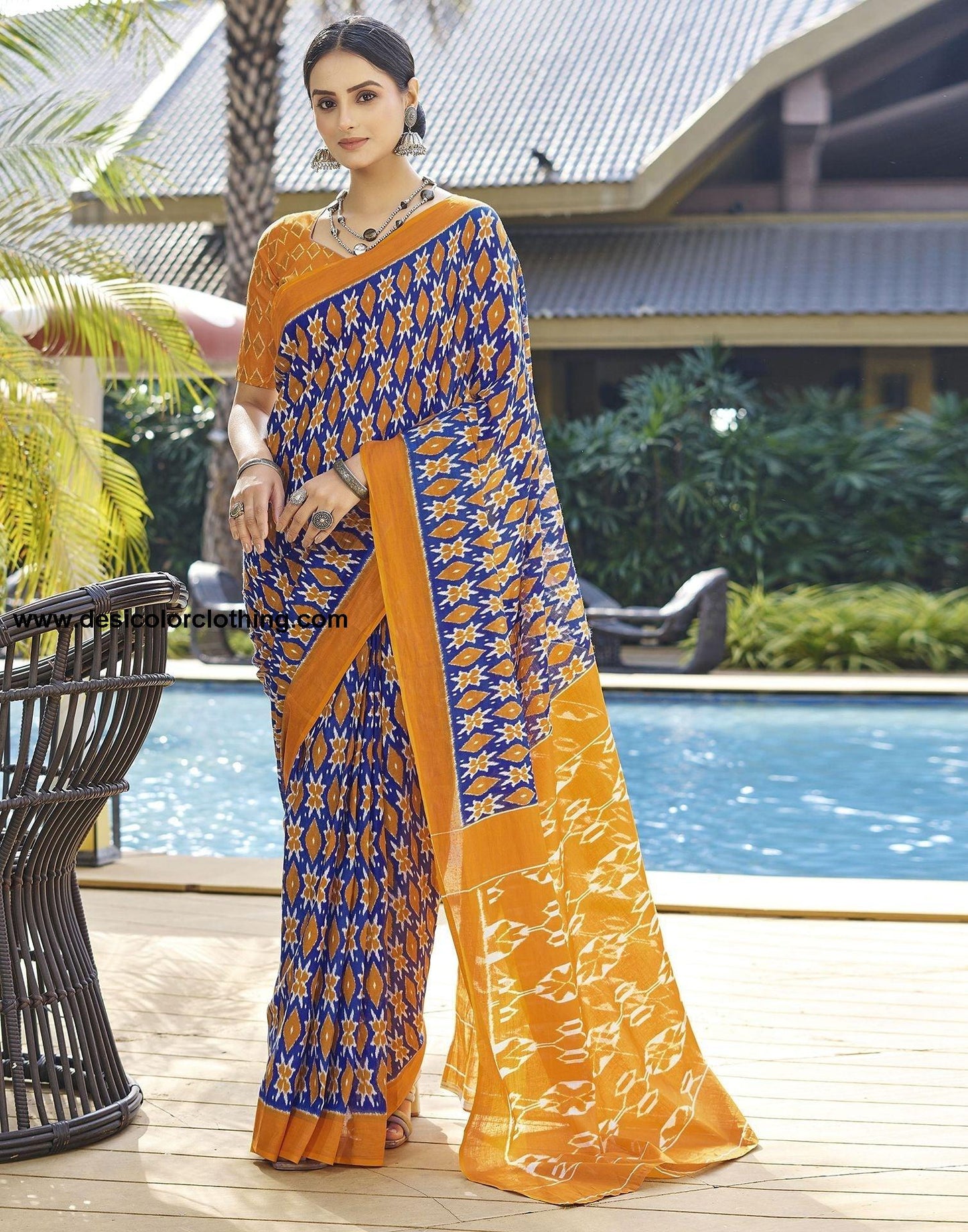 Blue Printed Cotton Pre-Draped Saree