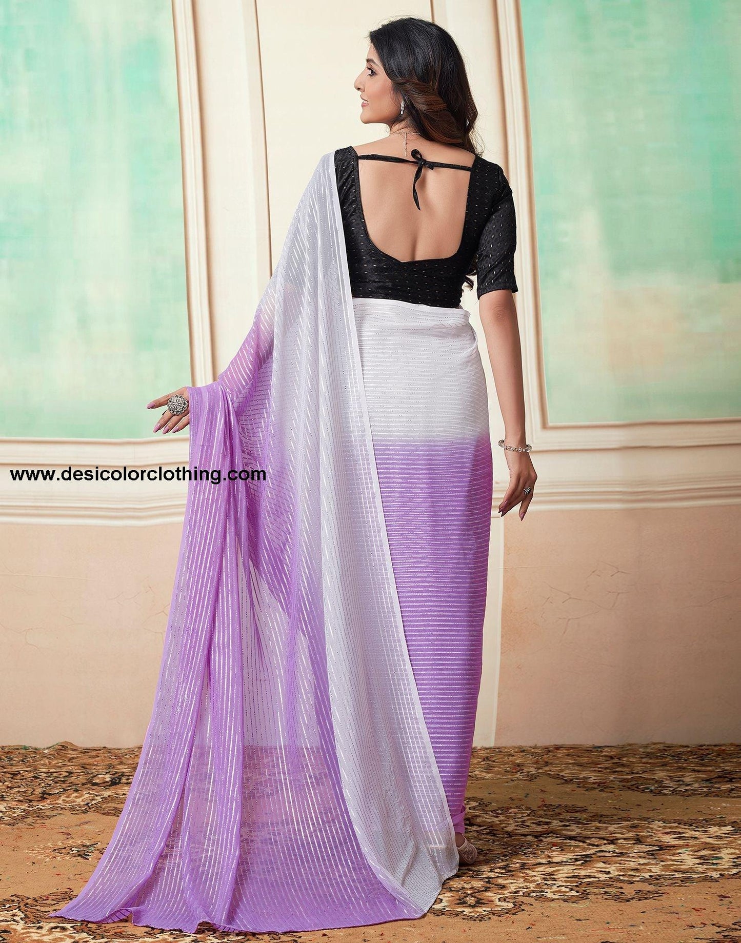 Purple Plain Georgette Pre-Draped Saree