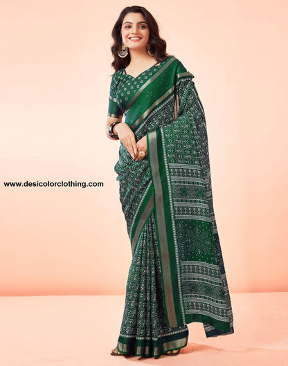 Dark Green Printed Cotton Saree