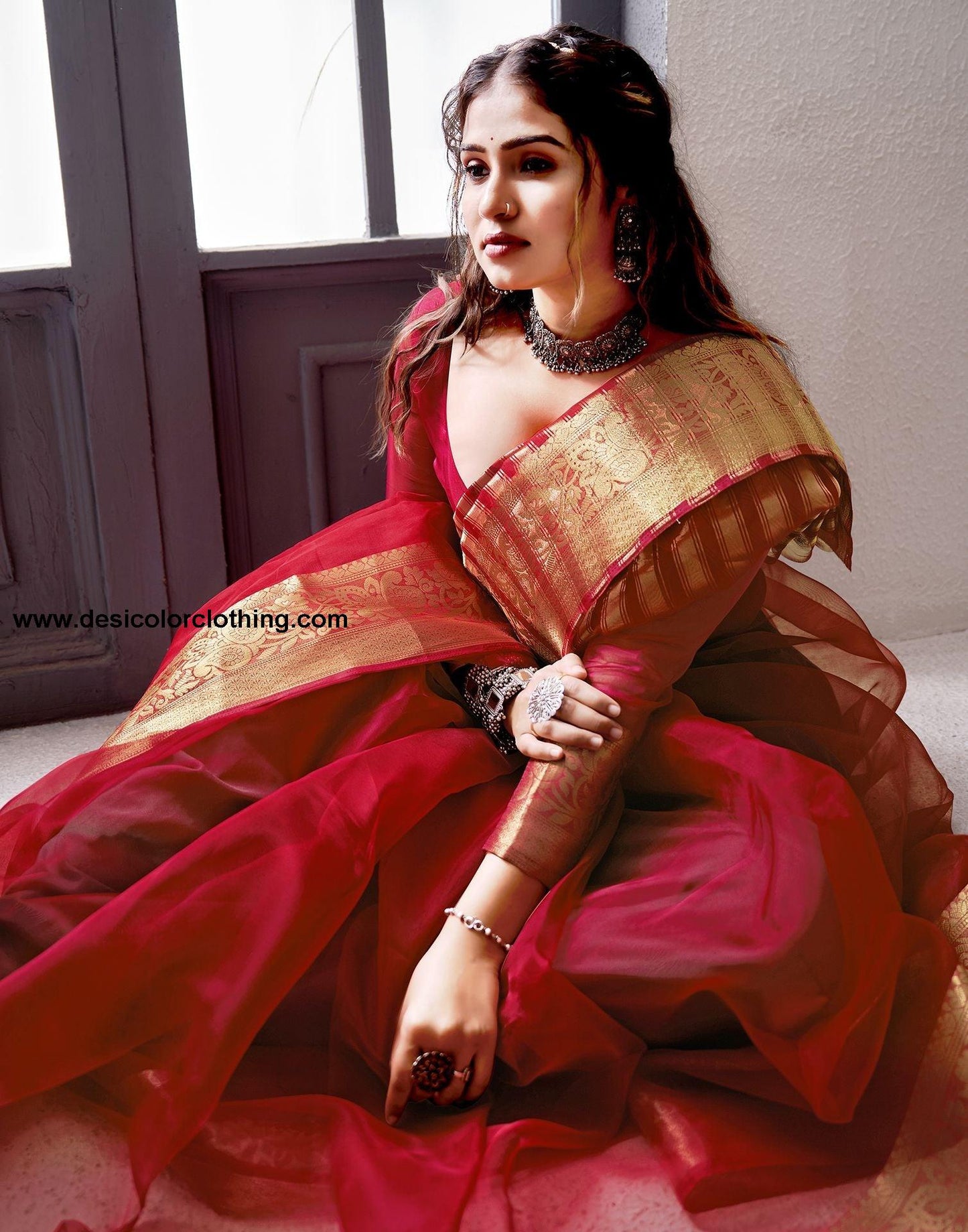Red Plain Organza Saree