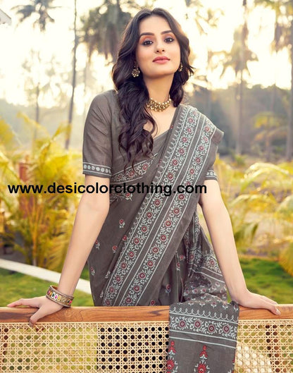 Stone Grey Cotton Printed Ready To Wear