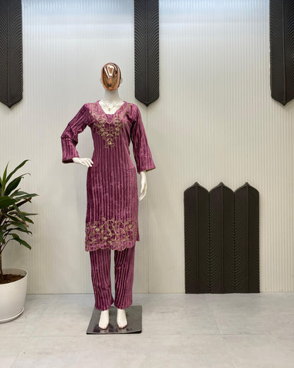 Product Image - Designer Blooming Velvet Embroidery Work Suit with Pant
