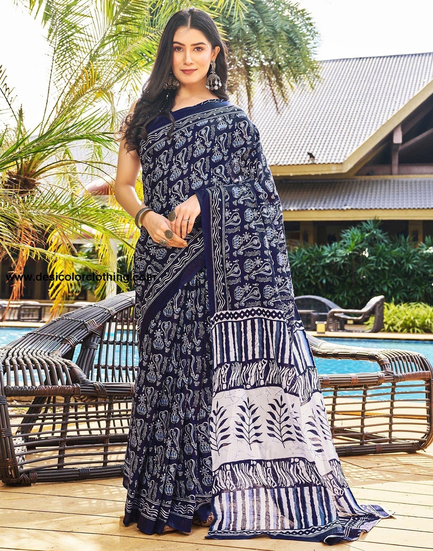 Dark Blue Printed Cotton Pre-Draped Saree