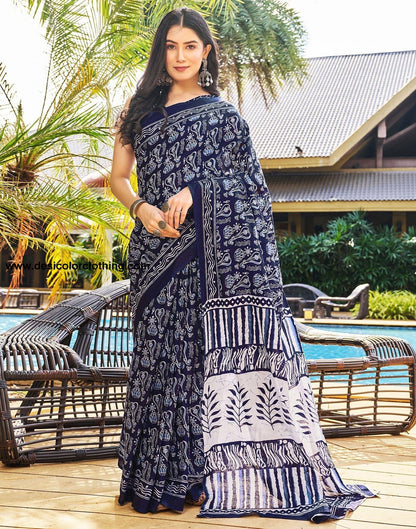 Dark Blue Printed Cotton Pre-Draped Saree