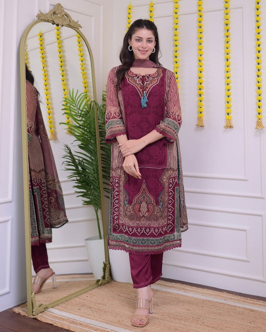 Product Image - Elegant Rajhans Muslin Pakistani Suit - Digital Prints & Hand Embroidery