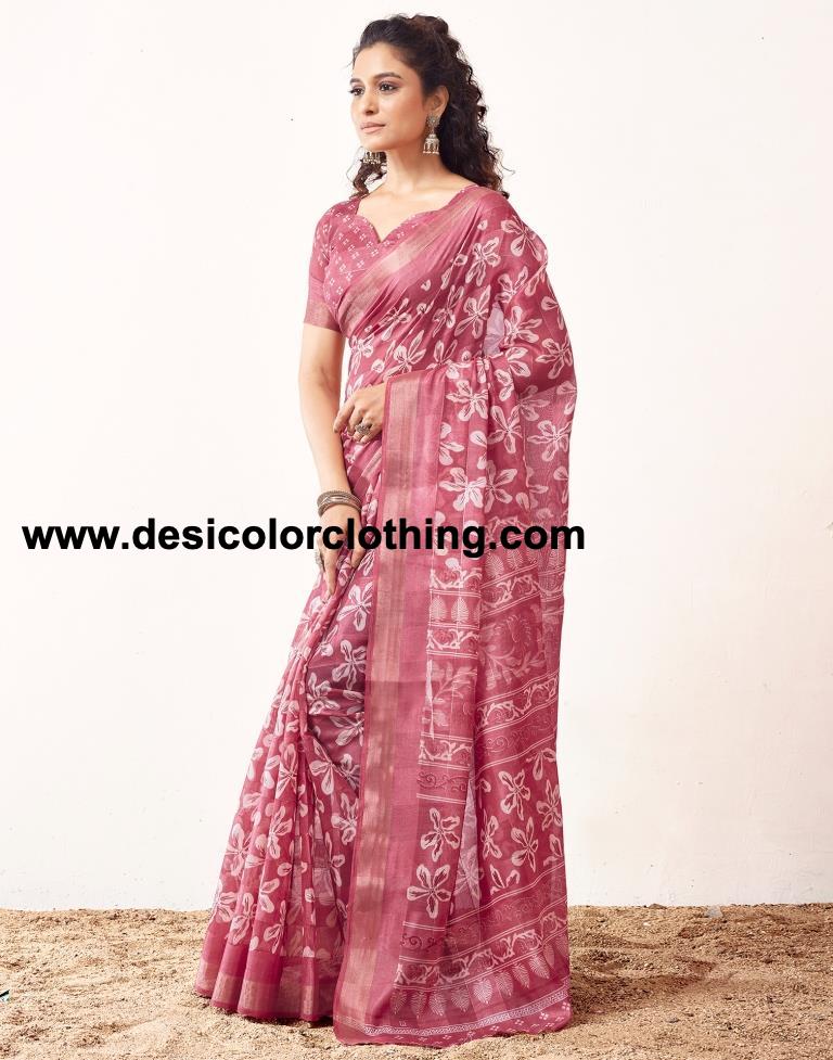 Pink Cotton Printed Sarees