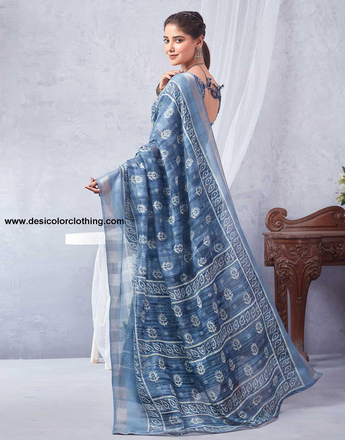 Blue Printed Cotton Saree