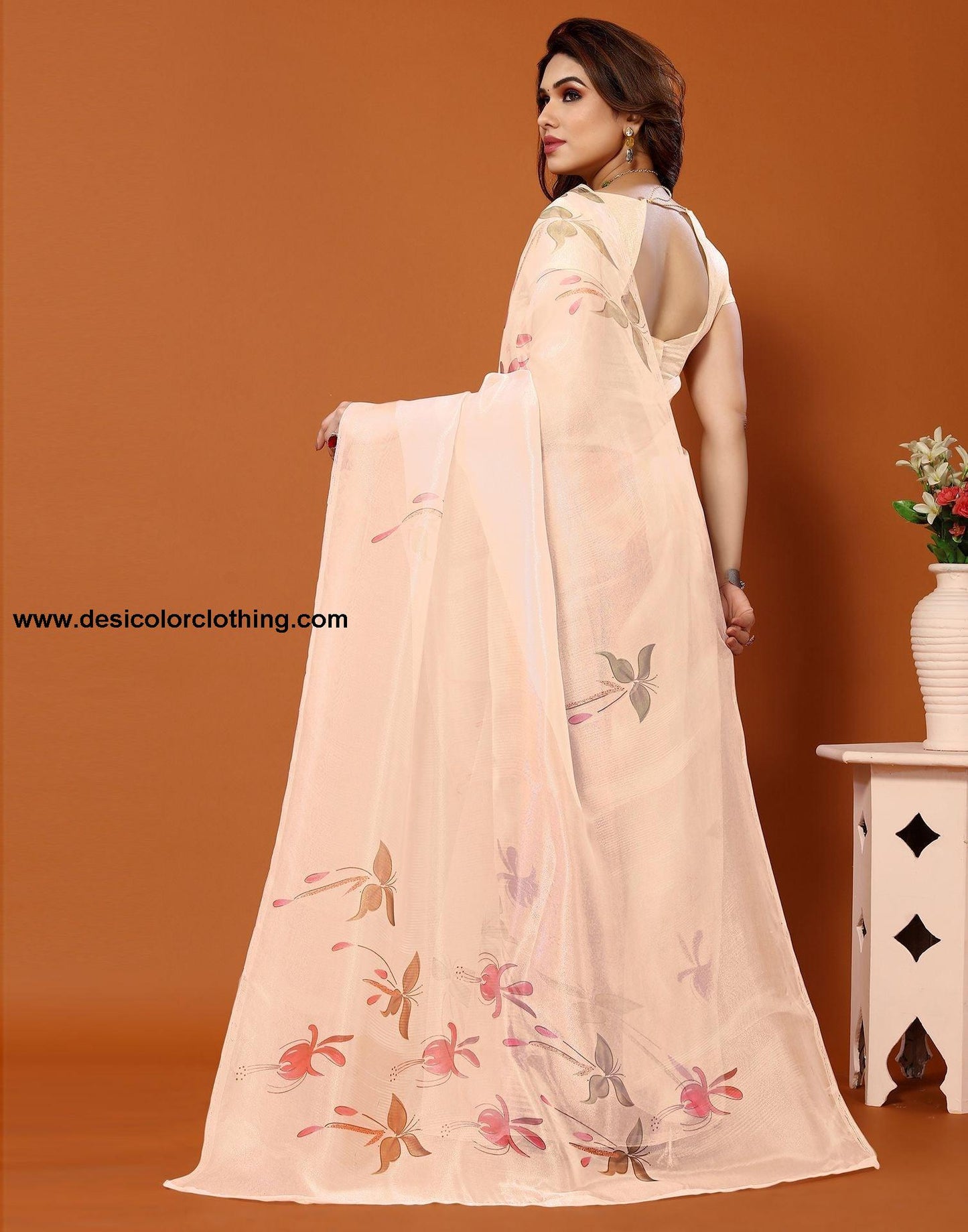 Cream Organza Printed Saree