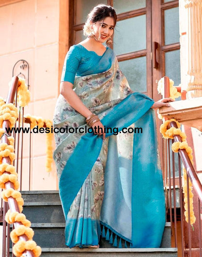 Dusty Green Silk Printed Sarees