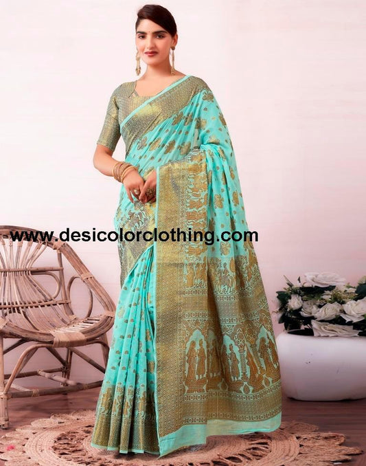 Elegant Blue and Golden Cotton Silk Saree with Plain Woven Design and Matching Blouse