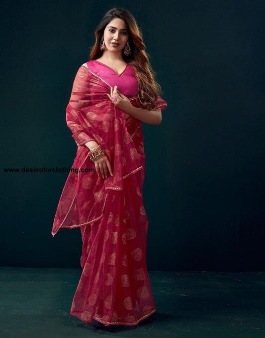 Dark Pink Net Plain Saree
