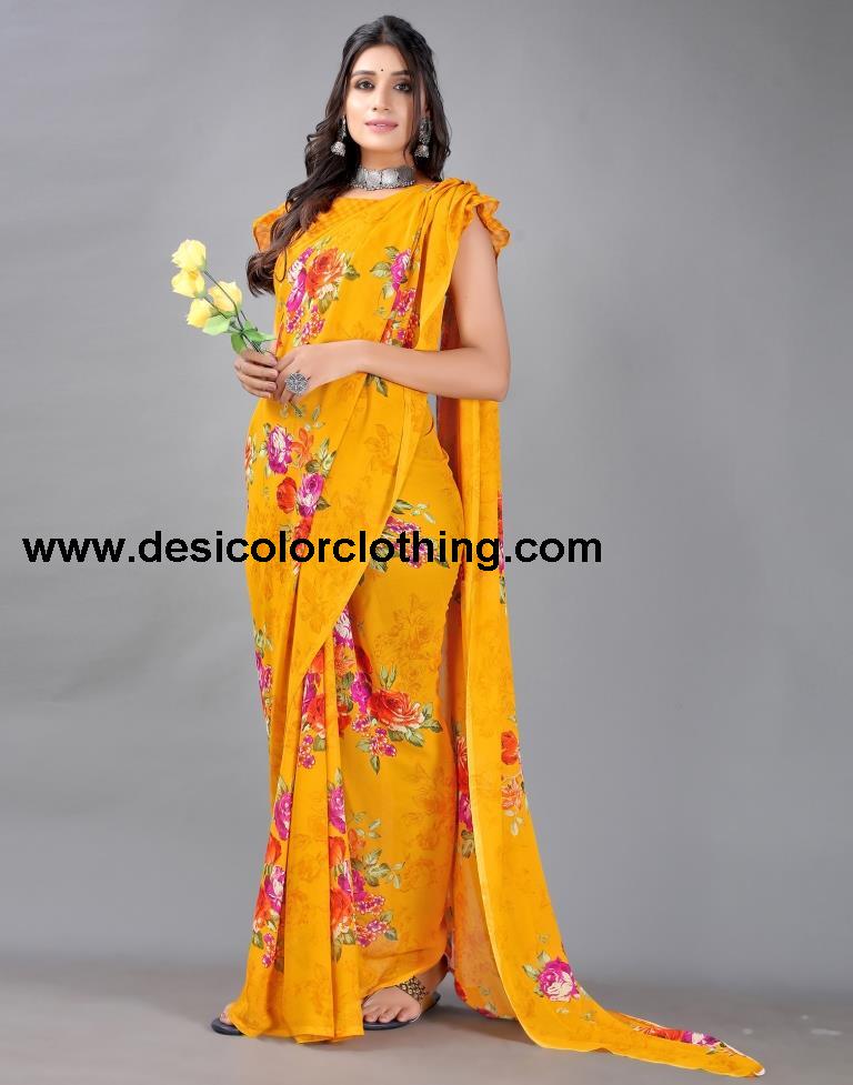 Yellow Printed Georgette Saree