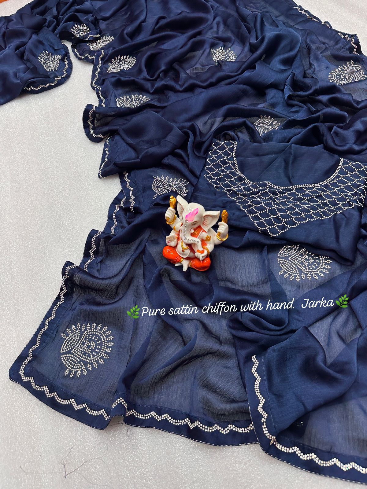 Product Image - Designer Satin Chiffon Saree with Handcrafted Siroski Jarkan Work