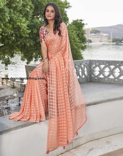 Peach Checkered Chiffon Woven Saree