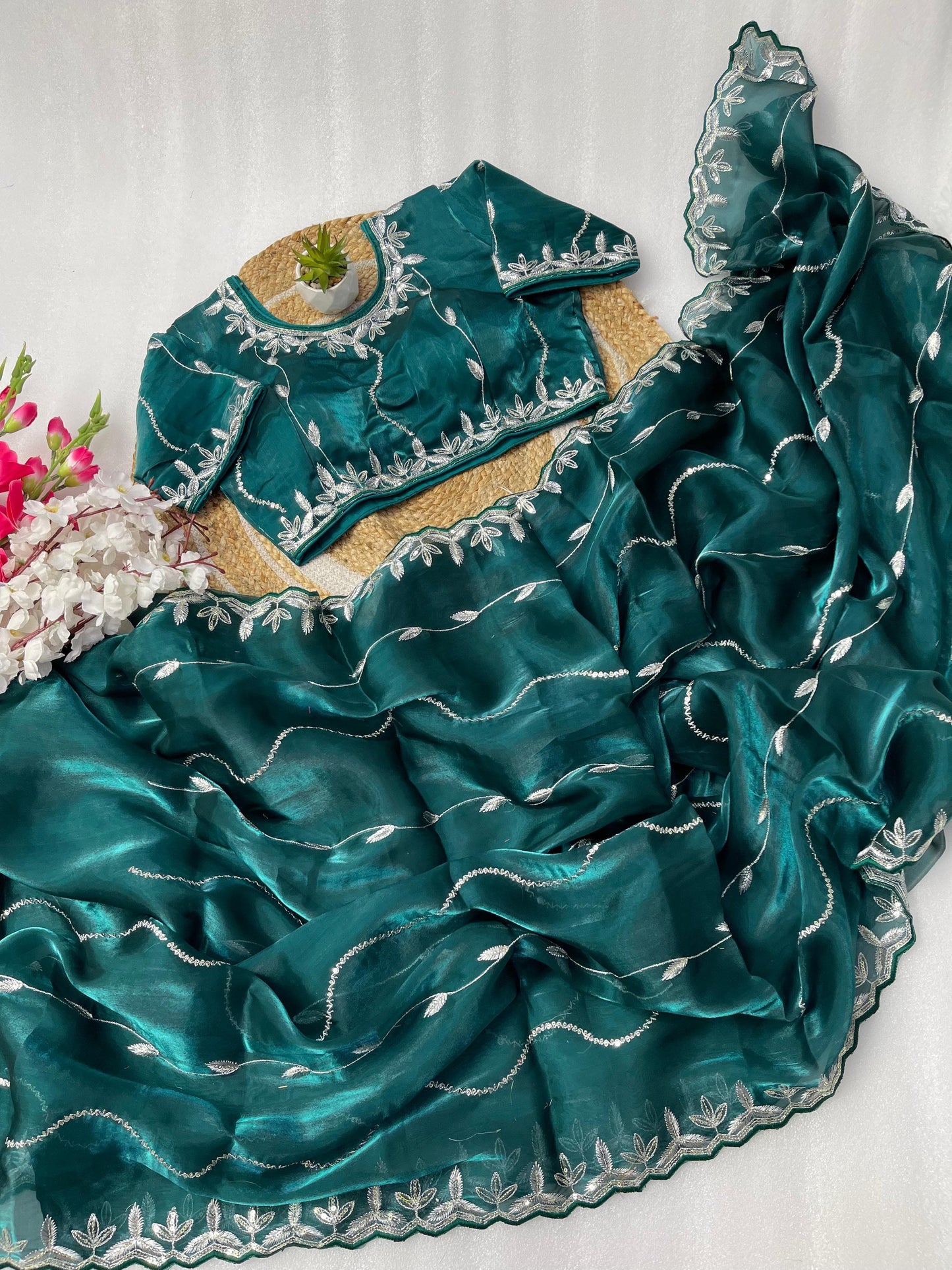 Product Image - Designer Zimmy Choo Silk Saree with Embroidered Border & Lehiriya Design