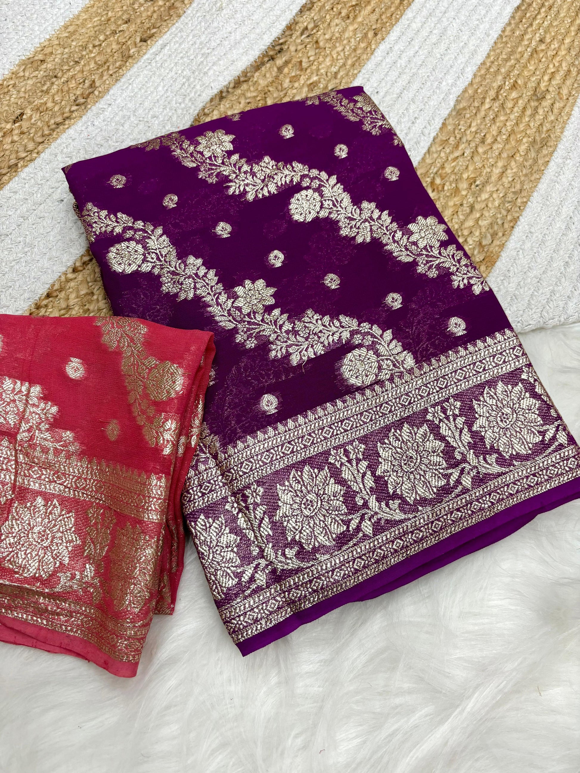 Product Image - Elegant Viscose Georgette Saree with Zari Weaving - Festive Wear