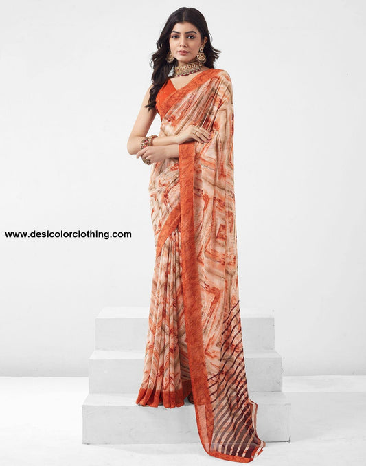 Rust Printed Georgette Saree