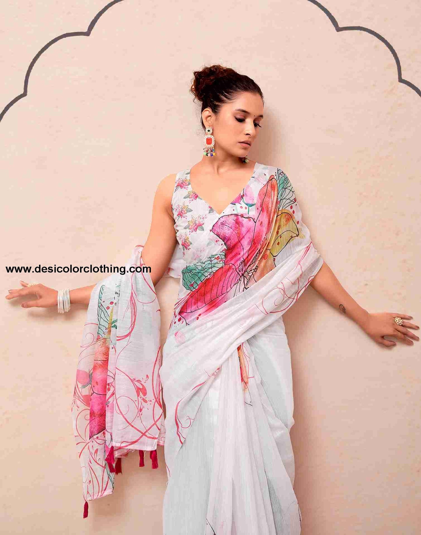 White Cotton Printed Saree