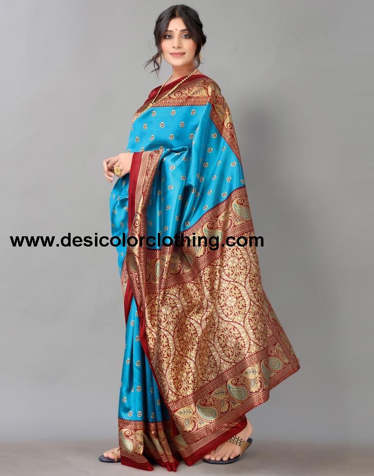 Peacock Blue Printed Silk Saree