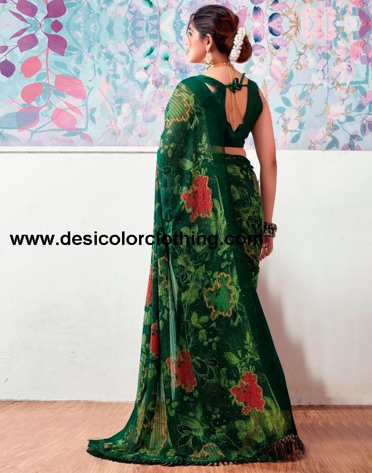 Dark Green Georgette Printed Sarees