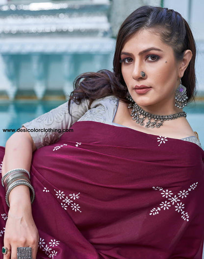 Wine Printed Cotton Saree