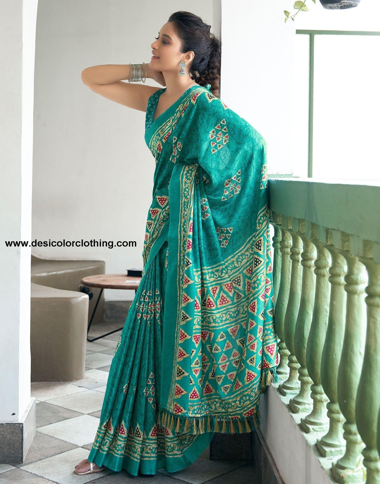 Turquois Printed Silk Saree
