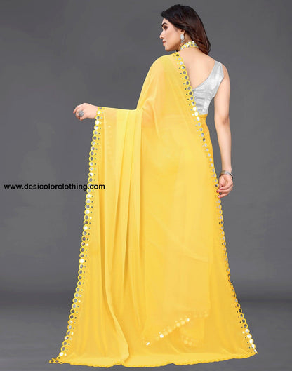 Yellow Georgette Mirror Work Saree