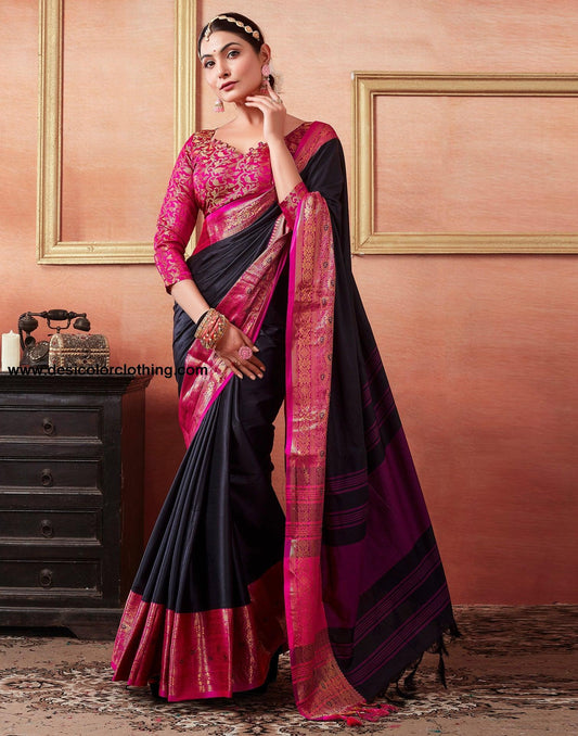Black Silk Plain Saree