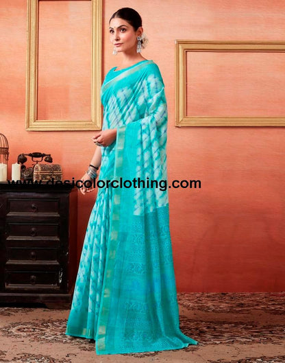 Turquoise Cotton Zari Saree