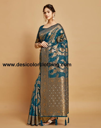 Teal Blue Linen Saree