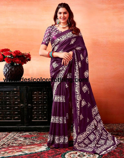 Dark Purple Silk Printed Sarees