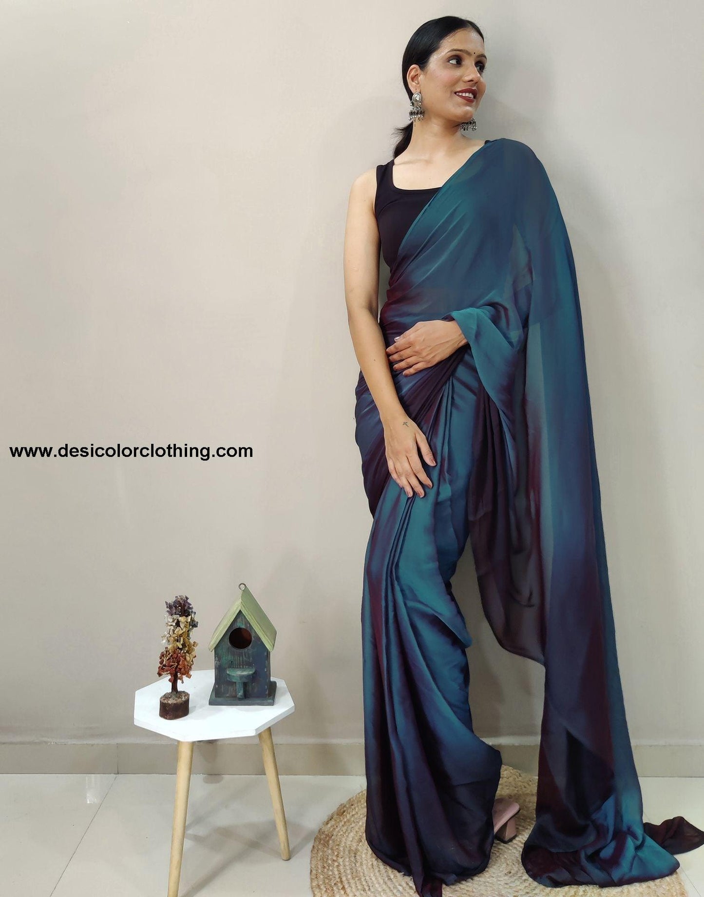Blue Chiffon Pre-draped Saree