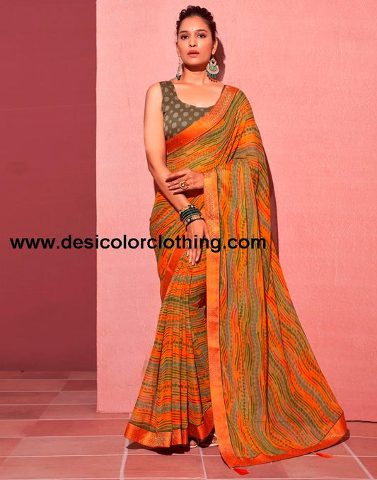 Orange Chiffon Printed Saree