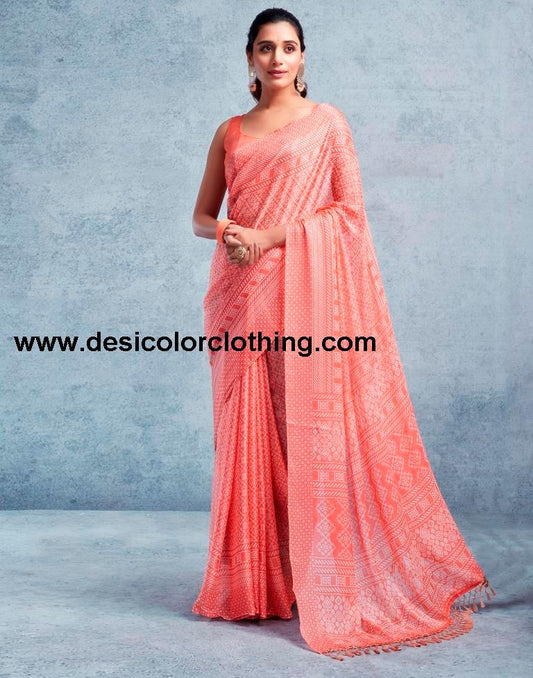 Peach Chiffon Printed  Saree